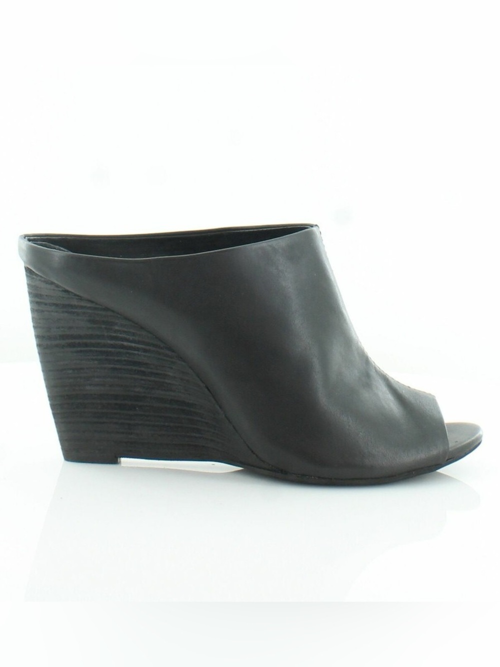 Calvin Klein Mylee Black Leather WEDGE Stack Heels Slip On Mules